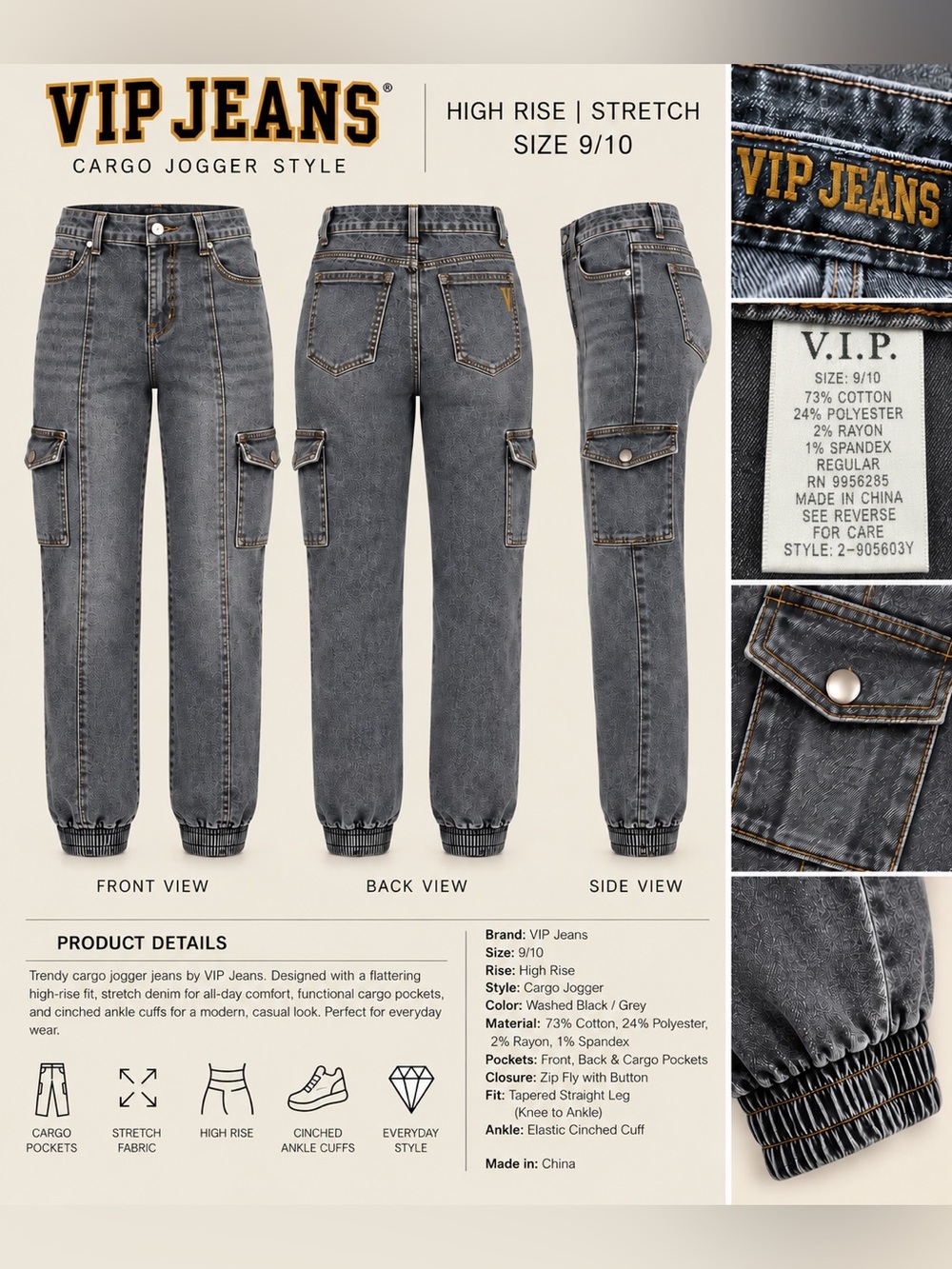 VIP Women’s Tapered Cargo Jogger Jeans in Washed Gray by VIP SIZE 9/10